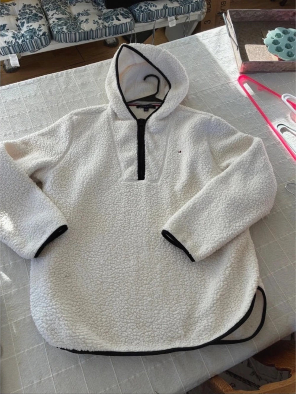 Tommy Hilfiger Cream Sherpa Half-Zip Hoodie with Black Trim
